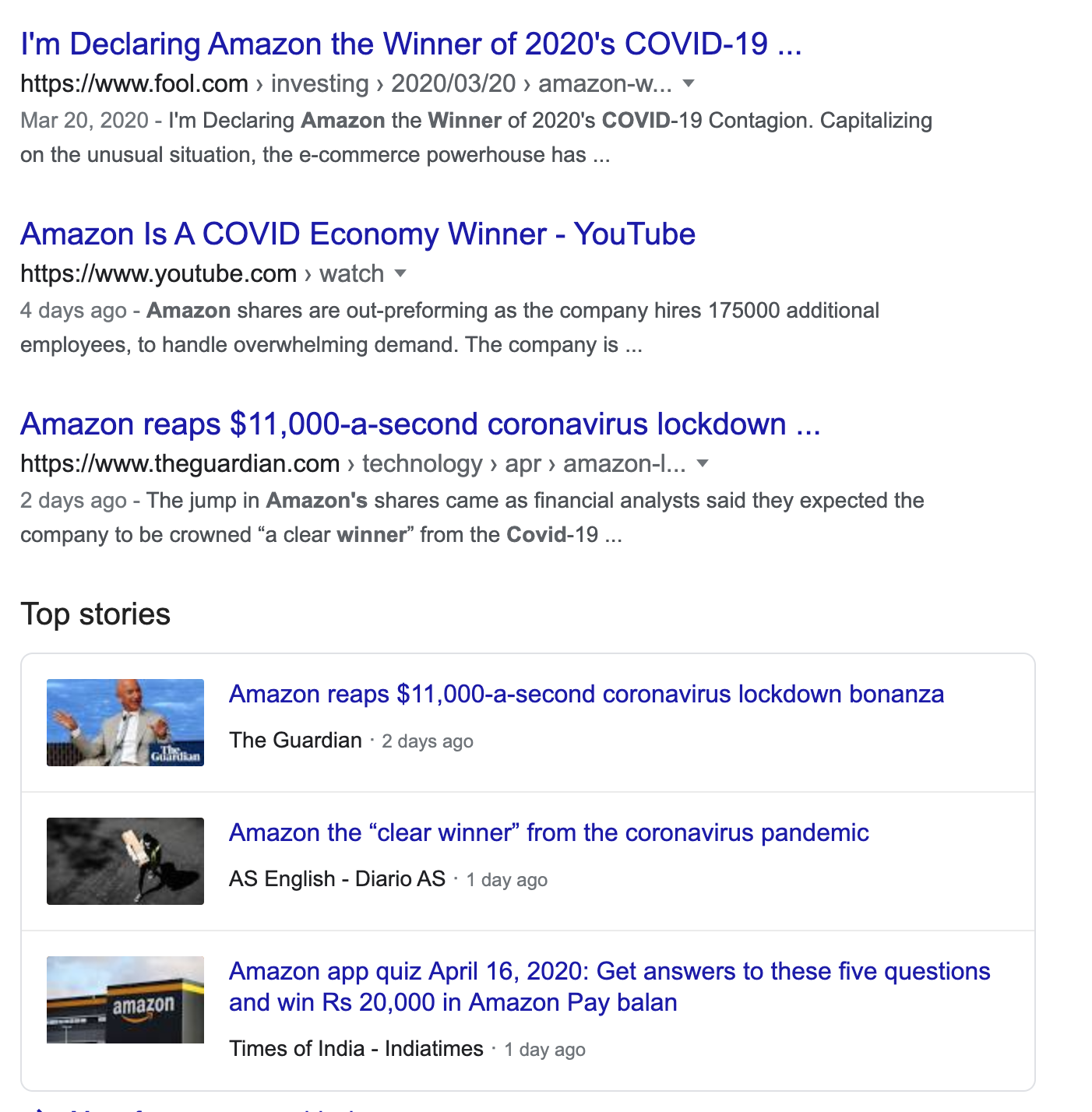 Screenshot showing the result of the google search for Amazon Covid Winner